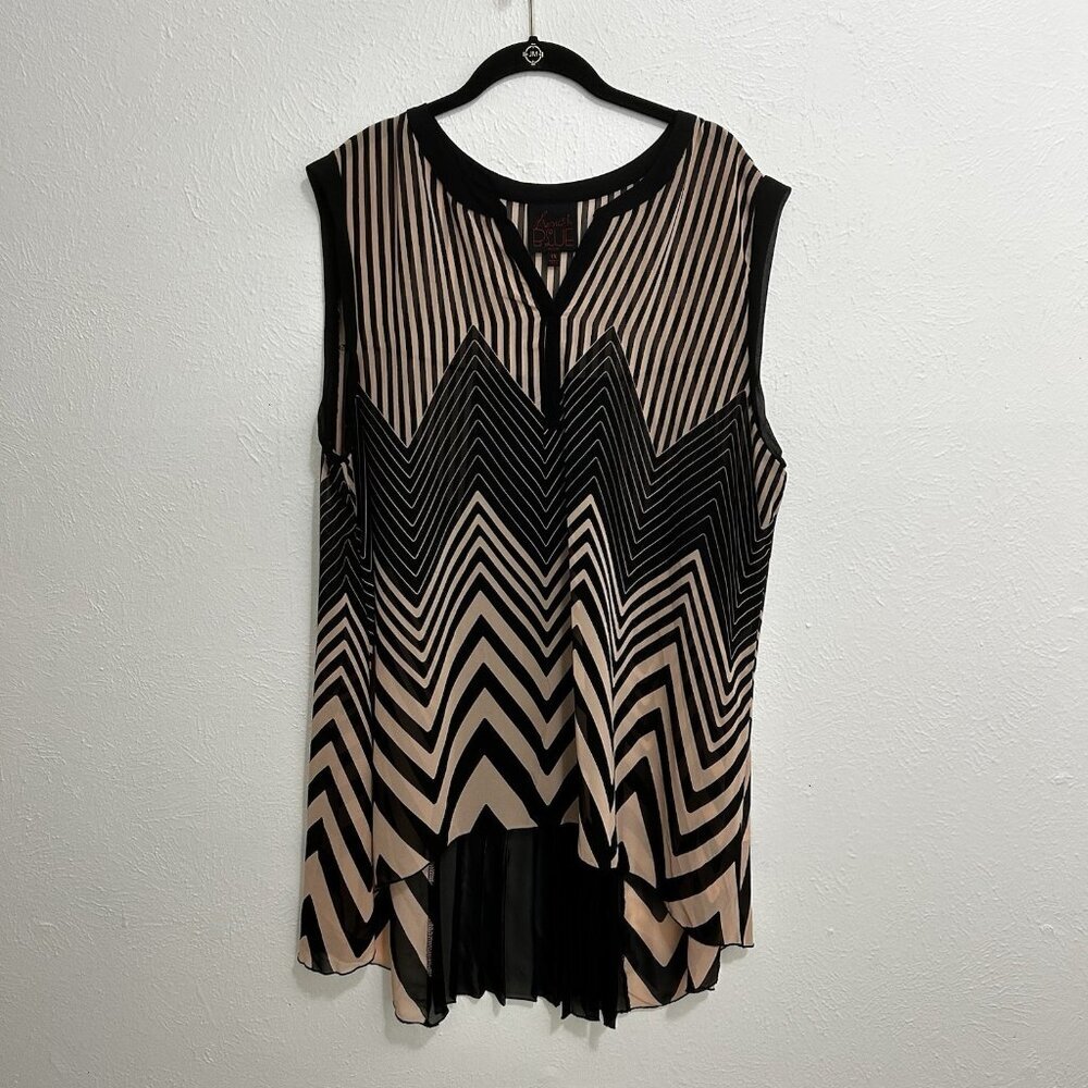 French Blue Sleeveless Tunic Top Chevron Striped Pleated Back Brown Beige Sz 1X